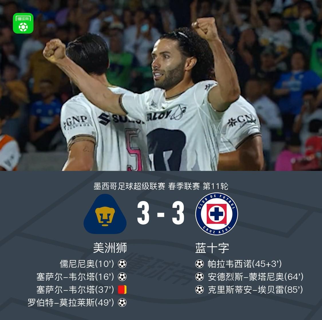 十人美洲狮3-3蓝十字，儒尼尼奥破门，埃贝雷救主，韦尔塔红牌